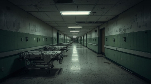 ベッドが並ぶ、汚れて不気味な病院の廊下