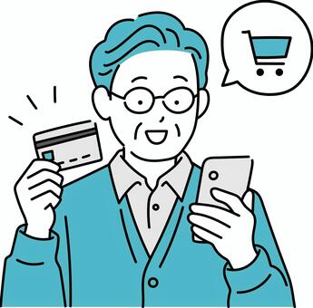 スマホで課金するシニア男性のイラスト シニア,男性,初老,おじいちゃん,スマホ,クレジットカード,課金,買い物,決済,支払いのイラスト素材