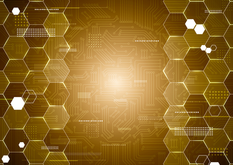 デジタルな六角形と電子回路の金色の背景 デジタル,テクノロジー,電子回路,基盤,六角形,スタイリッシュ,ゴールド,背景のイラスト素材