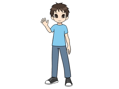 片手を上げる水色のTシャツの男性 男性,水色,tシャツ,片手,掌,立ち絵のイラスト素材