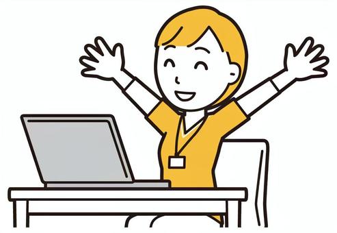  訪問看護師女性(黄)-519-バスト パソコン,万歳,訪問看護師,看護師,女性,医療,病院,介護,ナース,在宅看護のイラスト素材