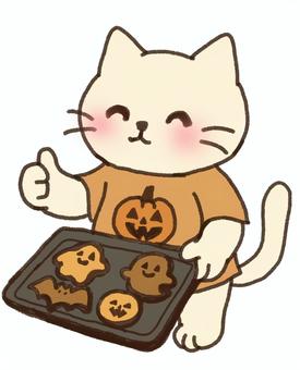 ハロウィンクッキーを焼くママネコ ハロウィン,猫,秋,お菓子,クッキー,かぼちゃ,おやつ,おばけ,キャラクター,動物のイラスト素材