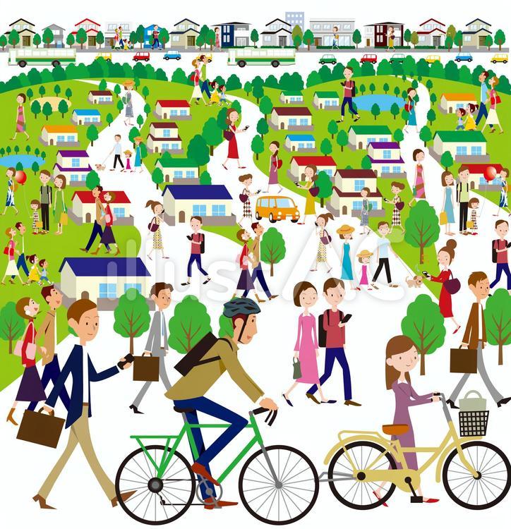 人物　生活　町 住宅地,マンガ風,popのイラスト素材