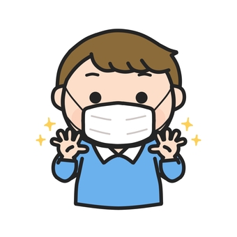洗った手をみせるマスクをした男の子3 保健だより,マスク,手洗い,病院,小児科,耳鼻科,手洗い指導,てあらい,清潔,衛生のイラスト素材