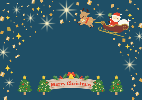トナカイのソリに乗るサンタ背景_紺 クリスマス,サンタクロース,背景,フレーム,冬,トナカイ,ソリ,メリークリスマス,ツリー,12月のイラスト素材
