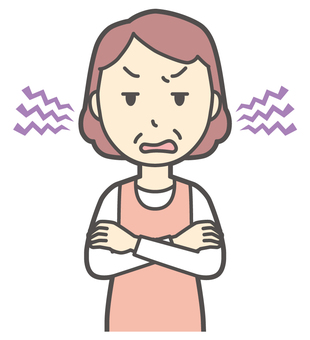  腕組みをしてイライラしているおばさん イライラ,女性,人,人物,主婦,中年,シニア,エプロン,ママ,お母さんのイラスト素材