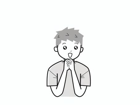 手を組んで目を潤ませる男子／白黒 上半身,半袖,両手,潤ませる,キラキラ,子供,男の子,男児,小学生,幼児のイラスト素材