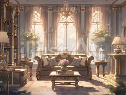 アーチ型の窓があるクラシックな居間_背景