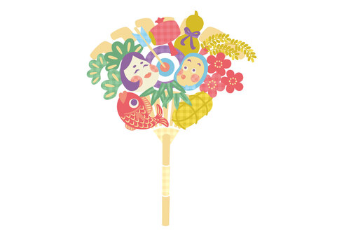 熊手_01 熊手,縁起物,新春,おかめ,打ち出の小槌,松竹梅,鯛,破魔矢,花,お面のイラスト素材