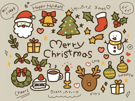 手書きのクリスマスイラストセット クリスマス,手描き,サンタクロース,スノーマン,ナチュラル,リース,オーナメント,トナカイ,アイテム,手書きのイラスト素材