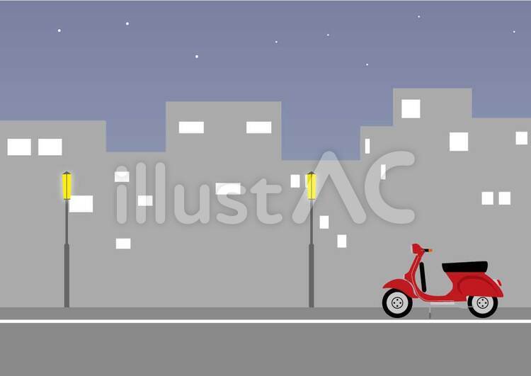 ベスパと夜の街 Vespa,ベスパ,街灯のイラスト素材