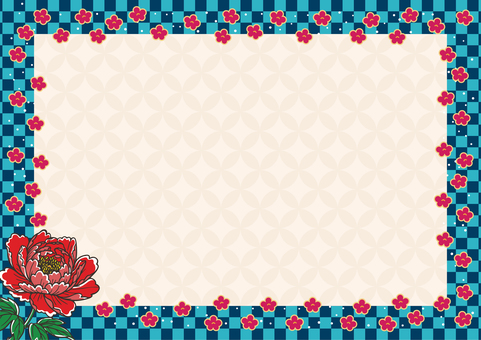 市松のフレーム-1 市松,七宝繋ぎ,梅,牡丹,七宝,青,a4,横,和柄,和風のイラスト素材
