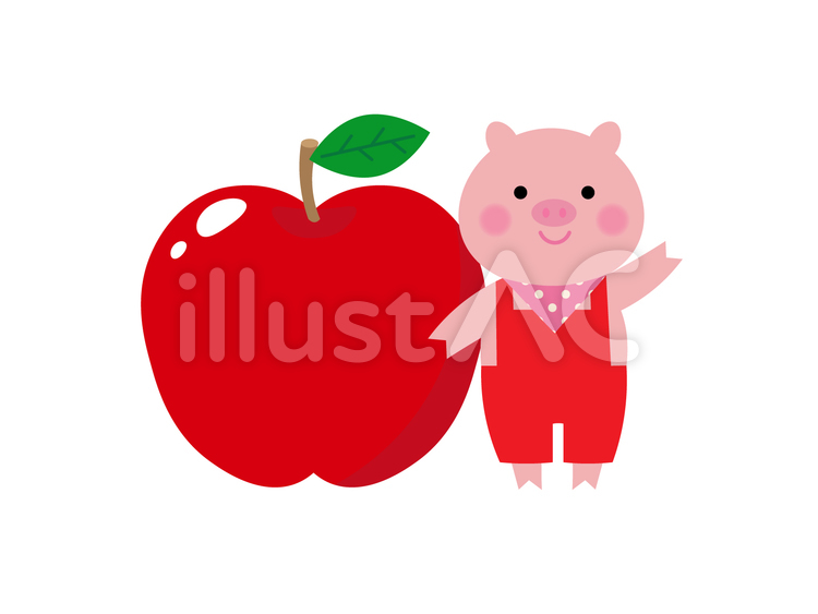 ぶたさんとあかいりんご りんご,ぶた,かわいいのイラスト素材
