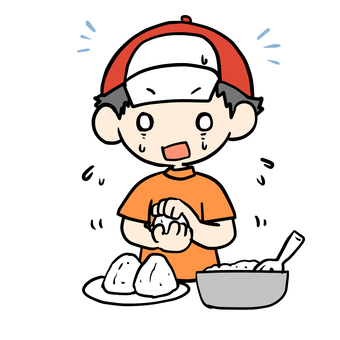 おにぎりを握る焦る少年 小学生,おにぎり,握る,焦る,やばい,慌てる,苦手,おむすび,家事,お弁当のイラスト素材