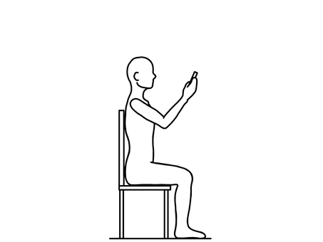 姿勢良く椅子に座りスマホを見る人 良姿勢,スマホ,横向き,座位,線画,白黒のイラスト素材