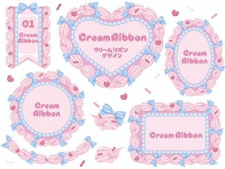 クリームリボンデザインフレーム　ピンク ケーキ,リボン,ホイップクリーム,生クリーム,スプリンクル,チョコスプレー,トッピング,ピンク,水色,青のイラスト素材