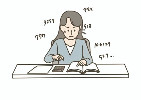 電卓での計算に苦戦する女性 ビジネス,女性,オフィスカジュアル,経理,会計,簿記,事務作業,デスクワーク,オフィス,数字のイラスト素材
