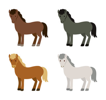 干支の午・馬セット_年賀素材1 馬,動物,生物,競馬,たてがみ,サラブレッド,全身,毛色,ポーズ,横向きのイラスト素材