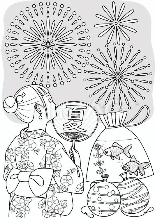 夏の夜の塗り絵 塗り絵,モノクロ,ぬりえのイラスト素材