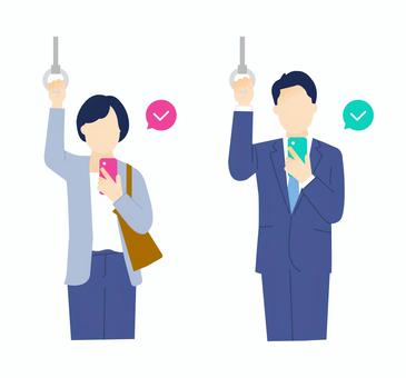 電車でつり革につかまるビジネスパーソン つり革,電車,スマートフォン,人物,ビジネスマン,ビジネスウーマン,ビジネスパーソン,会社員,通勤,車内のイラスト素材
