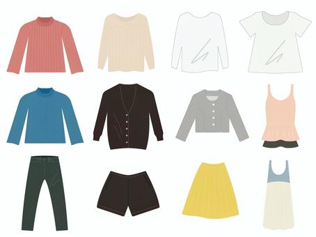 洋服のイラストセット セーター,トップス,アウター,カーディガン,長袖,半袖,シャツ,tシャツ,ハーフパンツ,ズボンのイラスト素材