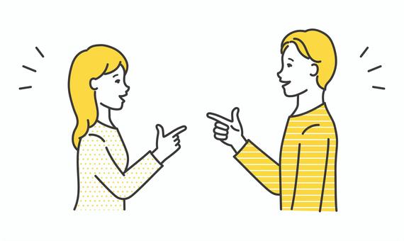 横向きで指差しする男女の横顔イラスト素材 人物,女性,男性,横顔,横向き,指差し,人差し指,ひらめく,思いつく,思い出すのイラスト素材