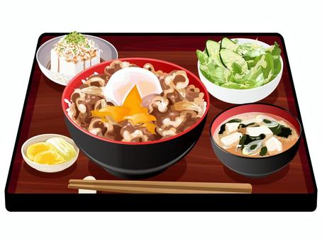 温玉のせ牛丼定食 牛丼,温玉,定食,料理,食べ物,丼物,牛肉,卵,味噌汁,ネギのイラスト素材