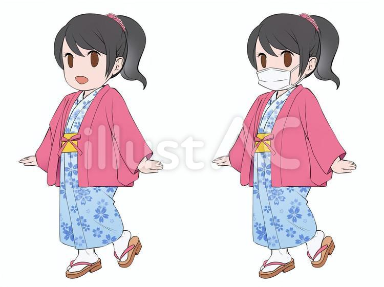 浴衣と羽織り（館内着）を着た元気な女性 女性,笑顔,かわいいのイラスト素材