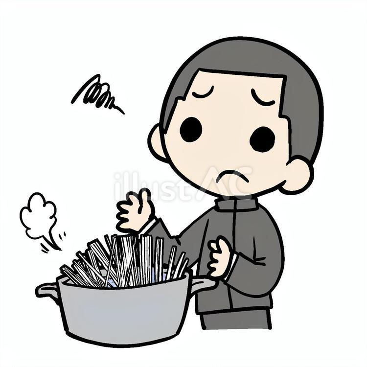 麺を嫌々茹でる学生少年 学生,麺,ゆでるのイラスト素材