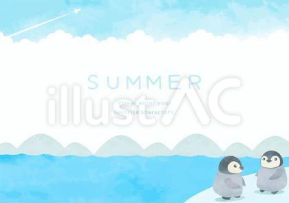 かわいいペンギン達と夏の海の背景イラスト