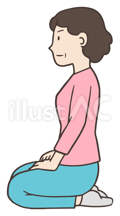 正しい姿勢で正座する中年女性、おばさん 正座,座り方,座るのイラスト素材