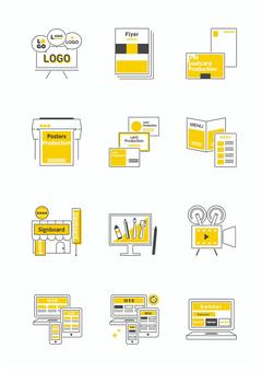 various icons, various icons, logo, flyer, postcard,
