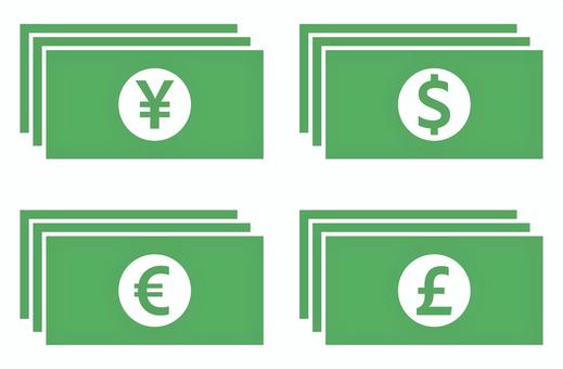 お札アイコン ４種セット 緑 お札,お金,貨幣,紙幣,現金,マネー,銀行,通貨,円,ドルのイラスト素材