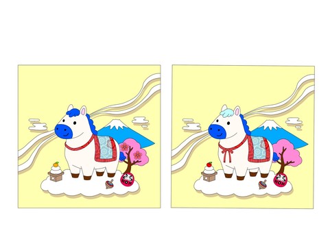 【間違い探し】正月 午年　簡単ver 間違い探し,認知,療育,保育,プリント,言語聴覚療法,正月,午年,鏡餅,だるまのイラスト素材