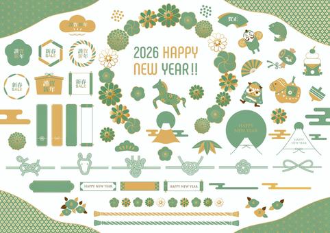 2026年の午年のフレームセット お正月,正月,年賀状,2026年,2026,午年,馬,令和8年,セット,あしらいのイラスト素材