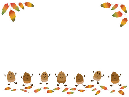 どんぐり坊やと落ち葉のフレーム どんぐり,坊や,秋,紅葉,こども,落ち葉,楽しい,木の実のイラスト素材