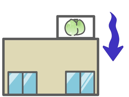 野菜の絵がある建物　下向き矢印 建物,野菜,スーパー,卸売市場,八百屋,加工場,矢印,下,下向き,低迷のイラスト素材