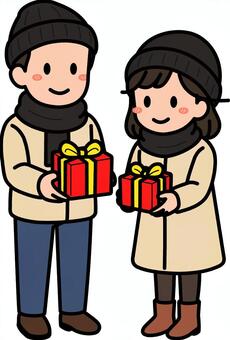 プレゼントを渡す黒の男子女子です。 プレゼント,シンプル,渡す,ギフト,贈り物,シーン,祝う,イベント,パーティー,クリスマスのイラスト素材