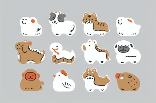 張子風の十二支のイラストセット① 十二支,干支,張子,子,丑,寅,卯,辰,巳,午のイラスト素材