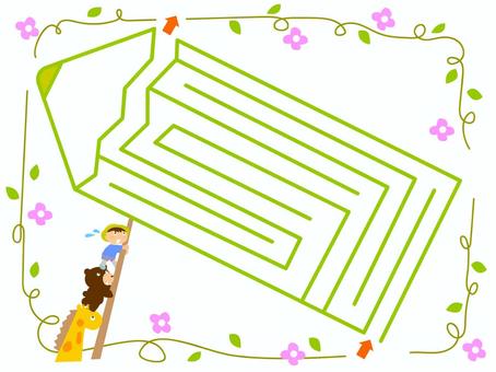 えんぴつの迷路 迷路,かわいい,鉛筆,緑,花,男の子,くま,キリン,明るい,楽しいのイラスト素材