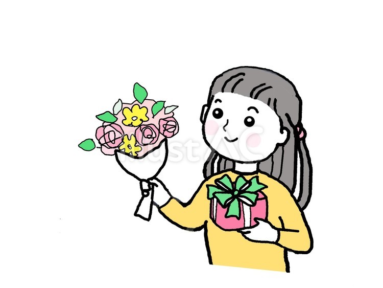 プレゼントを渡す女の子 プレゼント,花束,女の子のイラスト素材