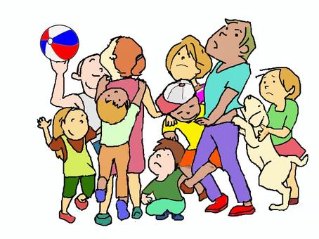 元気な近所づきあい 親子,仲間,集合,子供,おとな,犬,にぎやかのイラスト素材