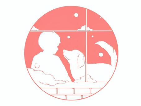 少年と犬（ペールオレンジ） 少年,犬,人間,動物,雪,冬,窓辺,ペア,絆,友達のイラスト素材