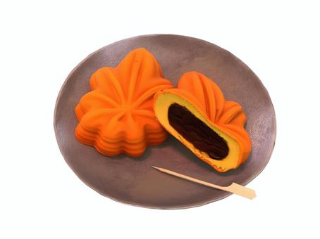 秋の紅葉に似たモミジの和菓子のまんじゅう 饅頭,和菓子,スィーツ,串,皿,甘味,味覚のイラスト素材