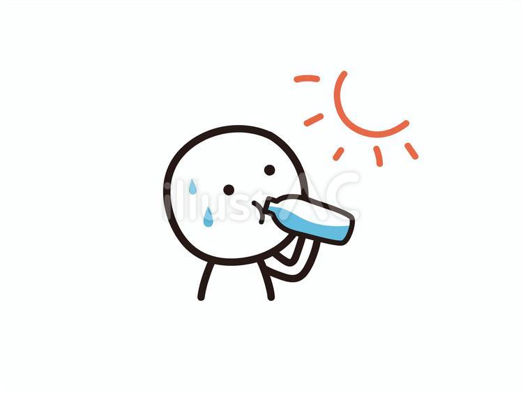 太陽の下で水分補給をする棒人間のイラスト 水分補給,夏,熱中症のイラスト素材