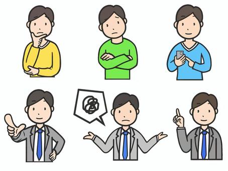 色々なポーズをとる男性のセットのアイコン ビジネスマン,男性,サラリーマン,指摘,後押し,押す,指さし,ポーズ,スーツ,ネクタイのイラスト素材