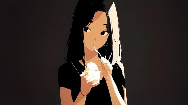 アイスクリームを食べる黒髪の女の子