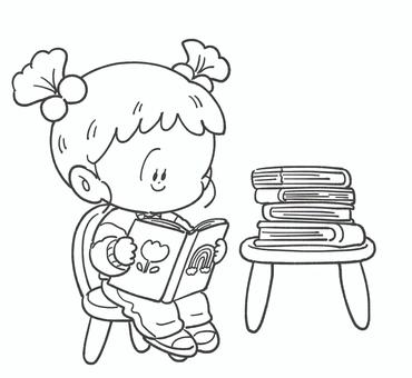 読書をする子どもの白黒手描きイラスト1 読書,白黒,手描き,子ども,本,かわいい,挿絵,モノクロ,線画,保育園のイラスト素材