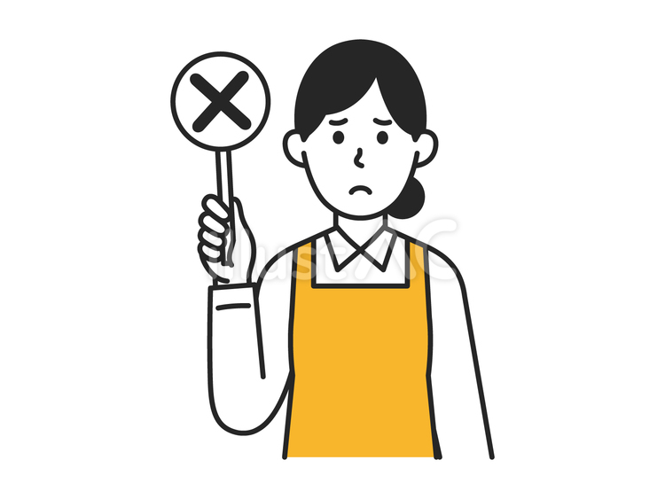 バツの札を持つエプロンを着た女性 ばつ,×,札のイラスト素材