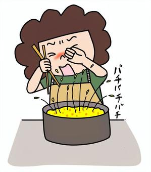 油跳ねが怖い女性 油跳ね,天ぷら,フライ,油鍋,ihクッキングヒーター,火傷,怖い,料理,家事,女性のイラスト素材